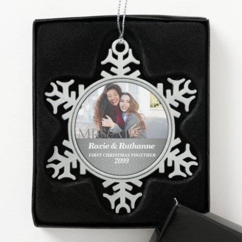 Mrs and Mrs Silver Damask First Christmas Snowflake Pewter Christmas Ornament