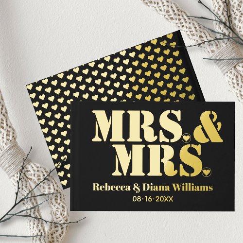 Mrs and Mrs typography lesbian black wedding Foil Guest Book