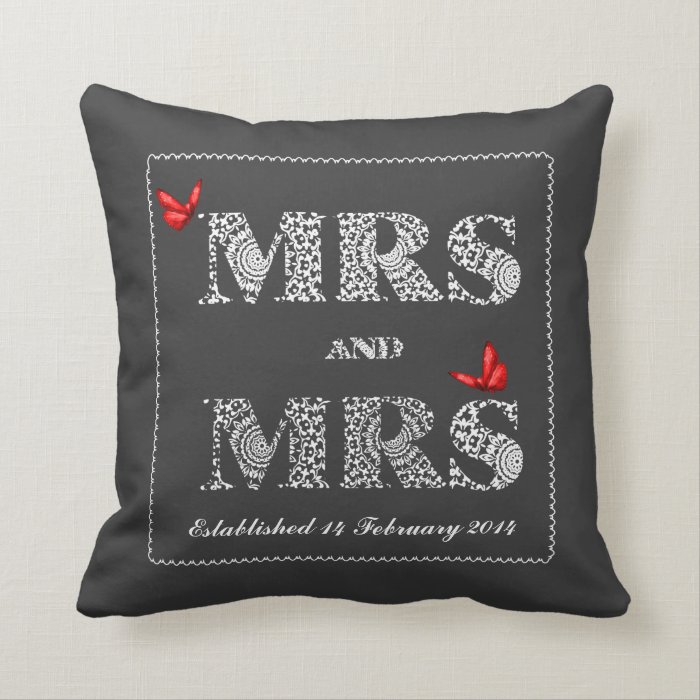 Mrs and Mrs White Lace  Word Art  Red Butterflies Throw Pillow