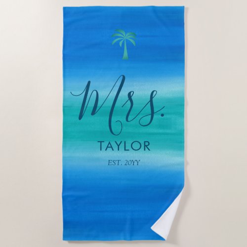 Mrs Beach Ombre Ocean Blue Green Wedding Gift Beach Towel