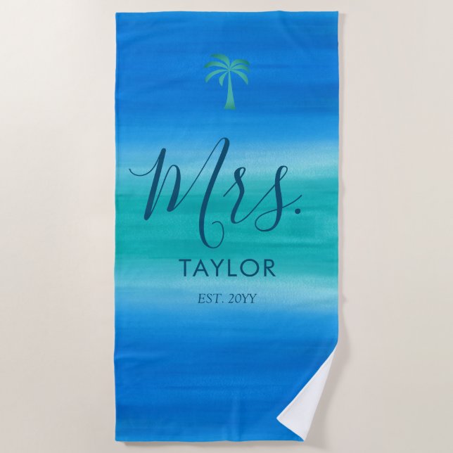 Mrs. Beach Ombre Ocean Blue Green Wedding Gift Beach Towel (Front)