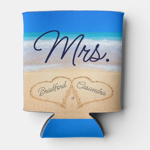 Mrs Beach Wedding Hearts in Sand  Can Cooler