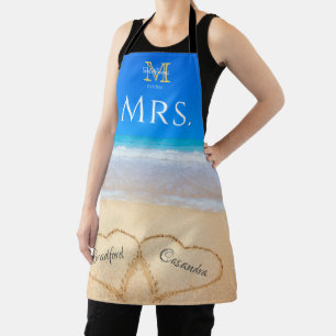 Mrs. Beach Wedding Hearts in Sand Family Monogram  Apron