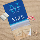 Mrs. Beach Wedding Hearts in Sand Family Monogram  Beach Towel<br><div class="desc">Wedding Hearts in Sand Family Monogram,  Brides Mrs. Beach Towel.</div>