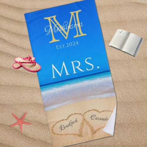 Mrs Beach Wedding Hearts in Sand Family Monogram  Beach Towel