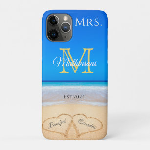 Mrs. Beach Wedding Hearts in Sand Family Monogram  iPhone 11 Pro Case
