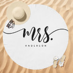 Mrs. Black And White Honeymoon Beach Towel<br><div class="desc">Celebrate your new title in style with this custom "Mrs." round beach towel, personalized with your last name. Perfect for beach days, poolside relaxation, or honeymoon adventures, this elegant towel makes a stylish and practical accessory for any bride. Its minimalist design and personalized touch make it an ideal wedding or...</div>