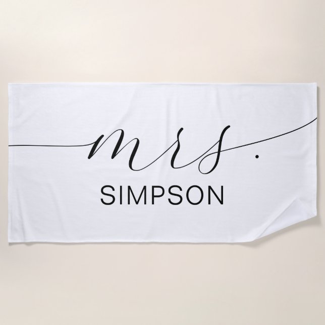 Mrs Black And White Newlywed Bride Personalized  Beach Towel (Front)