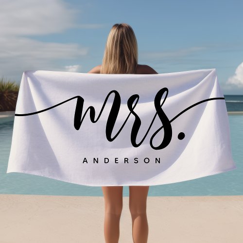 Mrs Black And White Newlywed Bride Personalized Beach Towel