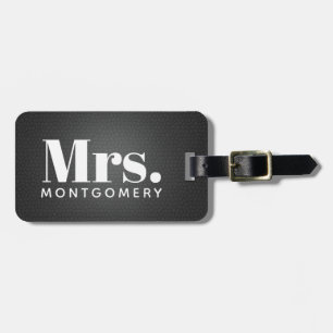 Mrs. Black Leather Script Monogrammed Name Luggage Tag