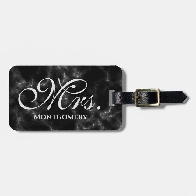 Mrs. Black Marble Script Monogrammed Name Luggage Tag (Front Horizontal)