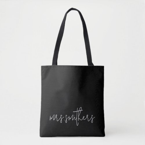 Mrs Black Modern Script Custom Monogram Name  Tote Bag