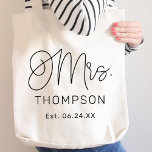 Mrs Black Modern Script Custom Wedding Newlywed Tote Bag<br><div class="desc">Modern and casual chic black calligraphy script "Mrs." women's wedding tote bag features custom text that can be personalized with the bride's new married last name and wedding date / date established. Perfect accessory for the honeymoon and beyond!</div>