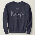 Mrs Black Script Custom Name Bridal Newlywed Sweat Sweatshirt<br><div class="desc">Get ready for your honeymoon with this cozy sweater in dark blue: Modern calligraphy script in black for "Mrs" and your custom text for name and wedding date. Buy one for yourself (congrats btw!) or as a great gift for a newlywed bride! More colors available, just pick your favorite in...</div>