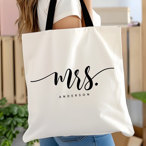 Mrs Black White Newlywed Bride Script Personalized Tote Bag