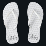 Mrs Bridal Elegant Wedding Day Womens White Flip Flops<br><div class="desc">Mrs Bridal Elegant Wedding Day Womens White Flip Flops Go comfortable and stylish after you say "I do" on your big day! Change into a pair of trendy elegant white flip flops with thin thong straps and "Mrs" in grey script and light grey polka dots patterned on each shoe. Customize...</div>