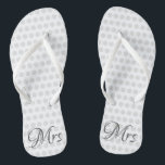 Mrs Bridal Elegant Wedding Day Womens White Flip Flops<br><div class="desc">Mrs Bridal Elegant Wedding Day Womens White Flip Flops Go comfortable and stylish after you say "I do" on your big day! Change into a pair of trendy elegant white flip flops with thin thong straps and "Mrs" in grey script and light grey polka dots patterned on each shoe. Customize...</div>