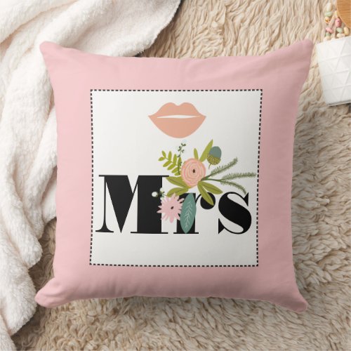 Mrs Bride Peachy Pink Lips Flora and Fauna Pillow