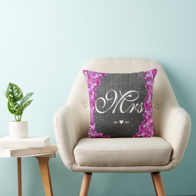 Mrs. Bride Radiant Orchid Sweet Pea Wedding Throw Pillow (Chair)