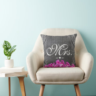 Mrs. Bride Radiant Purple Sweet Pea Wedding Throw Pillow