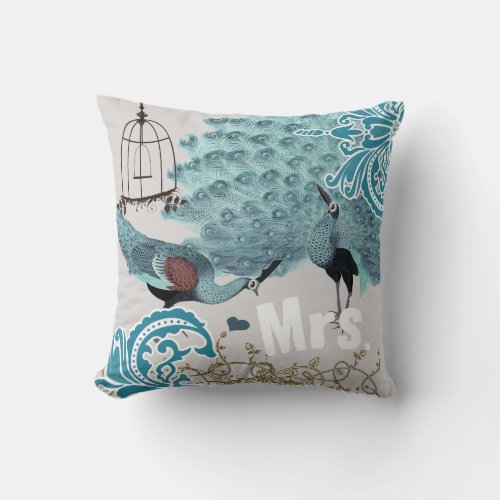 Mrs Bride Teal Damask Vintage Peacock Birdcage Throw Pillow