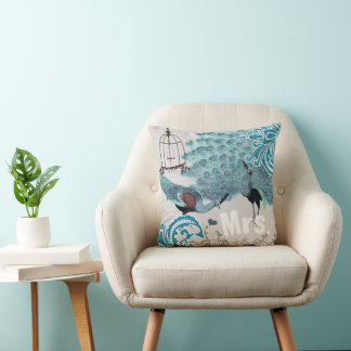 Mrs. Bride Teal Damask Vintage Peacock Birdcage Throw Pillow