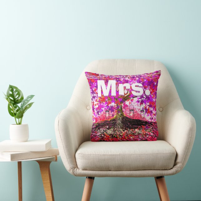 Mrs. Bride's Mason Jar Pink Purple Romantic Tree Throw Pillow (Chair)