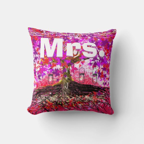 Mrs Brides Mason Jar Pink Purple Romantic Tree Throw Pillow