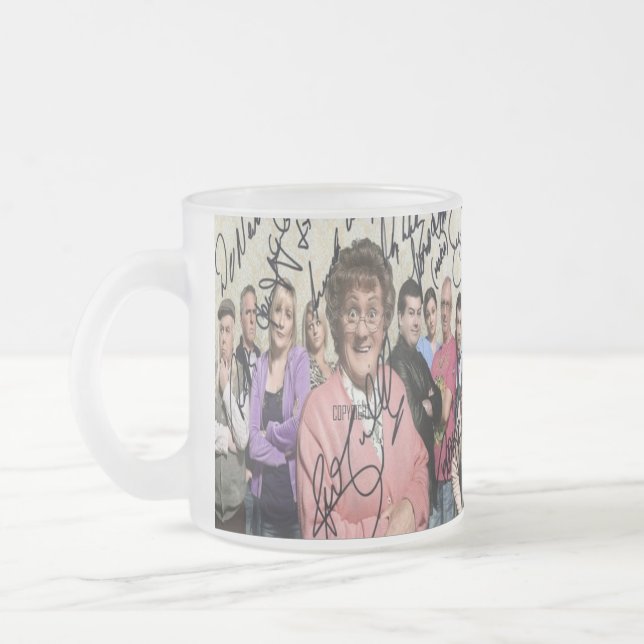 mrs browns boys signed frosted glass coffee mug (Left)