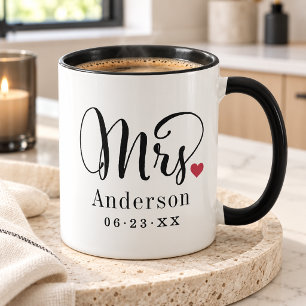 Mrs Calligraphy Heart Black Wedding Date Mug