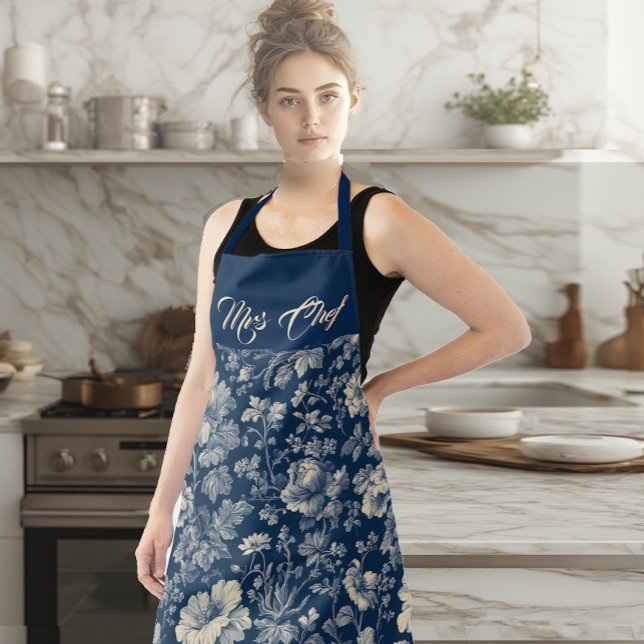Mrs Chef Typography Indigo French Toile Floral  Apron (Mrs Chef Typography Indigo French Toile Floral Apron)