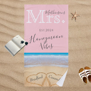 Mrs. Chic Blush Pink Beach Wedding 2 Hearts Sand  Towel