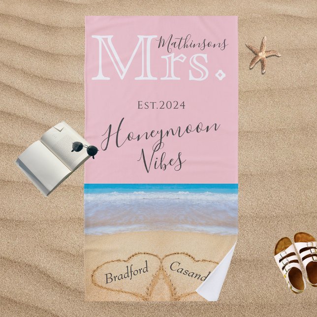 Mrs. Chic Blush Pink Beach Wedding 2 Hearts Sand  Towel (Creator Uploaded)