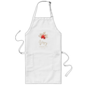 MRS Christmas Holly Branches Poinsettias Bouquet Long Apron