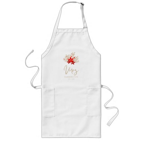 MRS Christmas Holly Branches Poinsettias Bouquet Long Apron