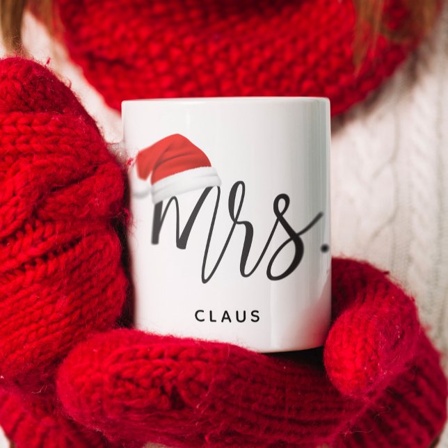 Mrs. Christmas Santa Hat Name Coffee Mug (Hand Lettered Mrs. with a Santa hat. Keep it as Mrs. Claus or change it to your last name.)