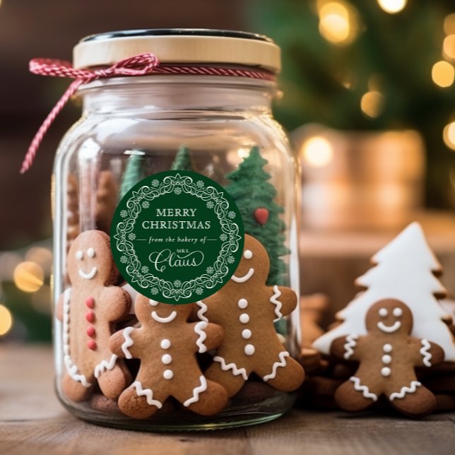 Mrs. Claus’ Bakery Christmas Green Holiday Classic Round Sticker (Creator Uploaded)