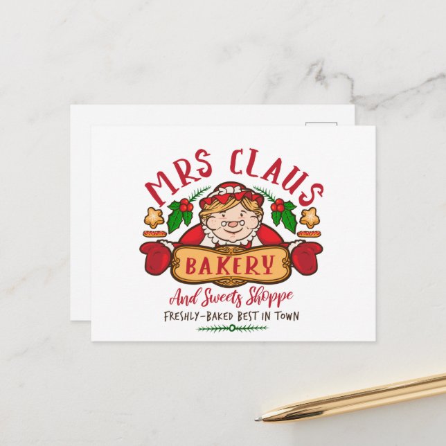 Mrs. Claus Christmas North Pole bakery Holiday Postcard (Front/Back In Situ)