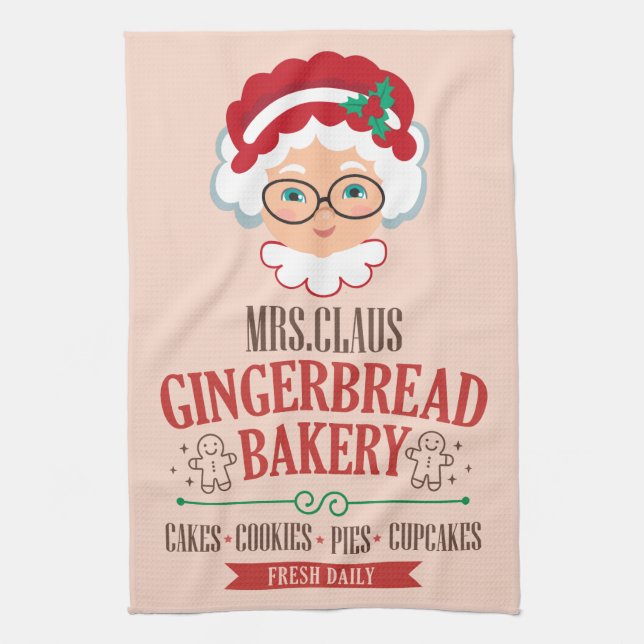 Mrs Claus Gingerbread Bakery Christmas Kitchen Towel (Vertical)