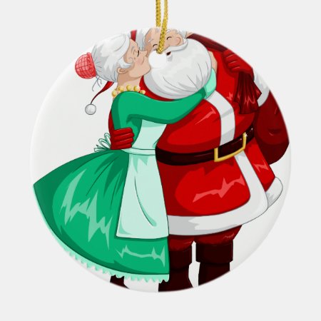 Mrs Claus Kisses Santa On Cheek And Hugs Ceramic Ornament