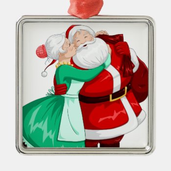 Mrs Claus Kisses Santa On Cheek And Hugs Metal Ornament by LironPeer at Zazzle