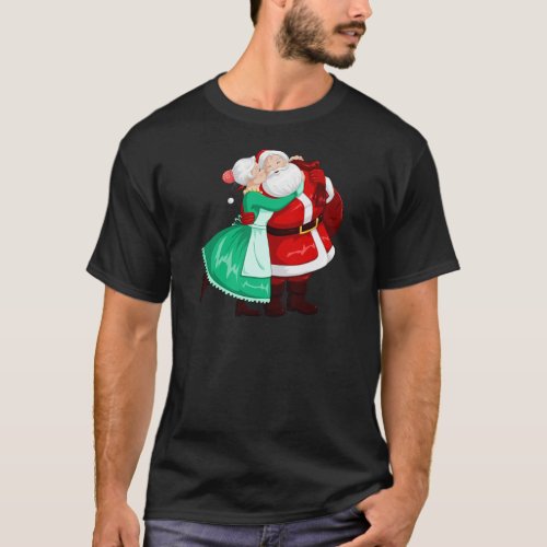 Mrs Claus Kisses Santa On Cheek And Hugs T_Shirt