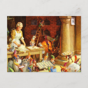 Mrs. Claus & Santa's Elves Bake Christmas Cookies Holiday Postcard