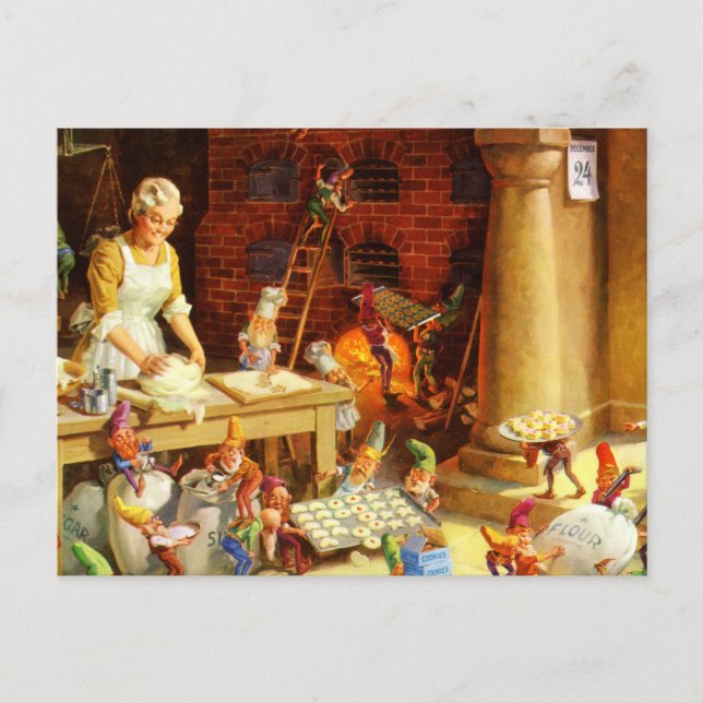 Mrs. Claus & Santa's Elves Bake Christmas Cookies Holiday Postcard (Front)