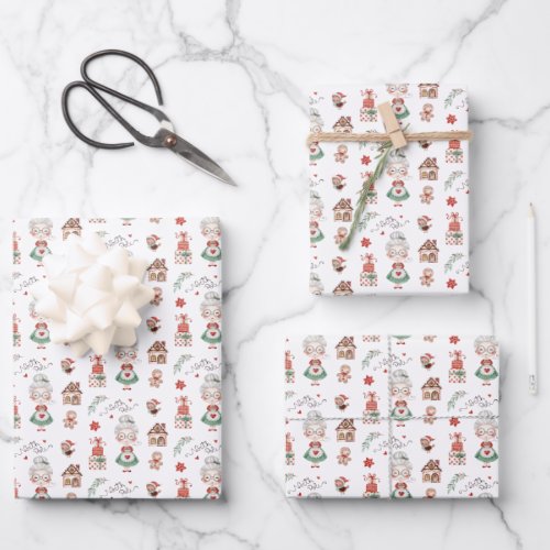 Mrs Claus Wrapping Paper Flat Sheet Set of 3