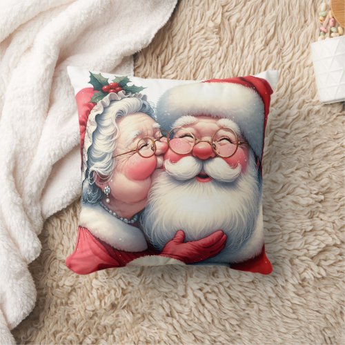 Mrs Clause Kissing Santa Christmas Throw Pillow