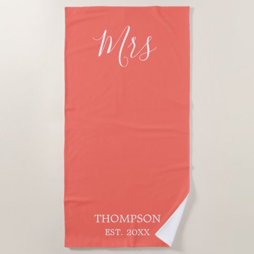 Mrs Coral  And White Newlywed Bride Personalized  Beach Towel