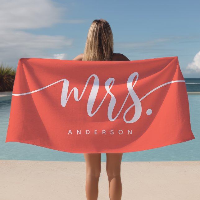 Mrs Coral And White Newlywed Bride Personalized Beach Towel (Creator Uploaded)