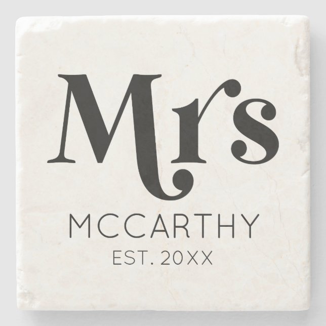 Mrs. Custom Last Name Est. Date Minimal Retro Stone Coaster (Front)