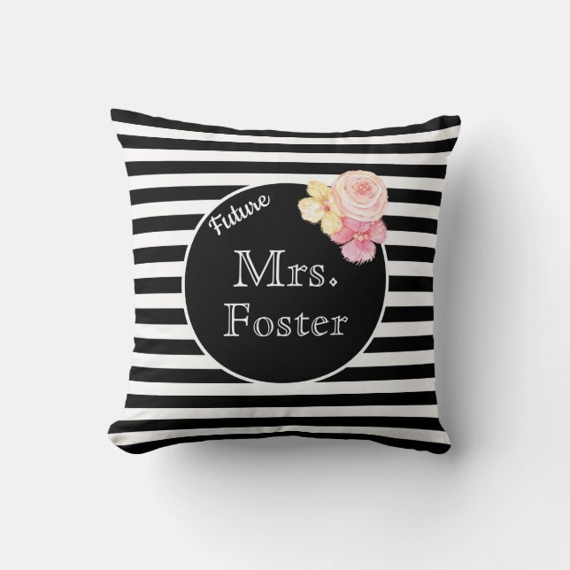 Mrs. Custom Last Name with Black & White Stripes Throw Pillow (Front)